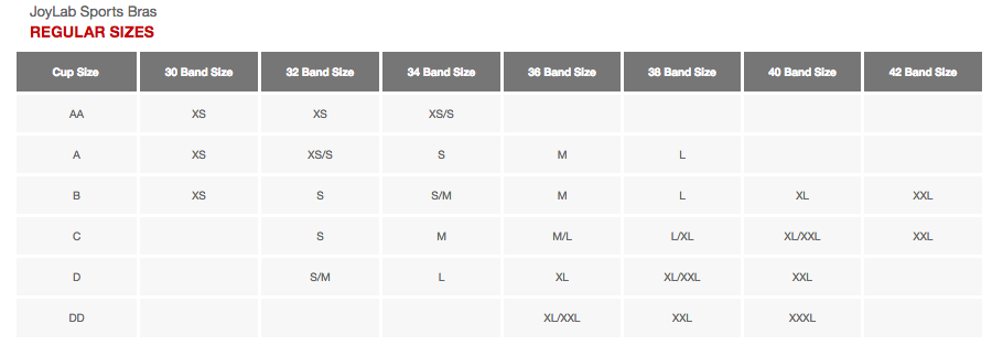 joylab sports bra size chart